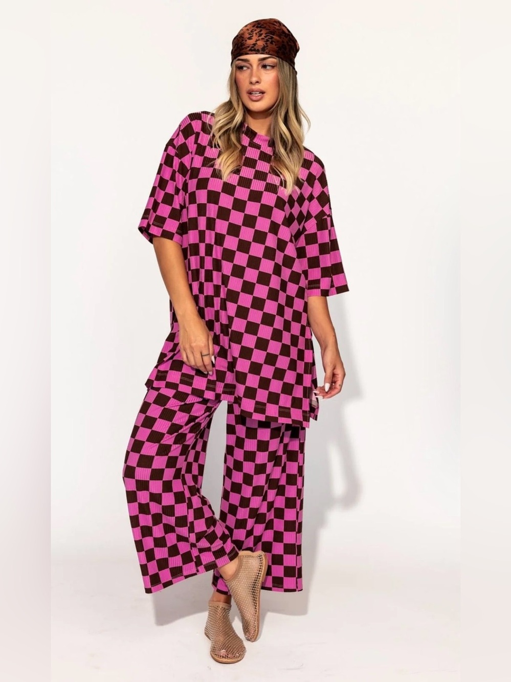 Dressed in Lala Lex Ribbed Checkerboard Playsuit in Sunset Boulevard
